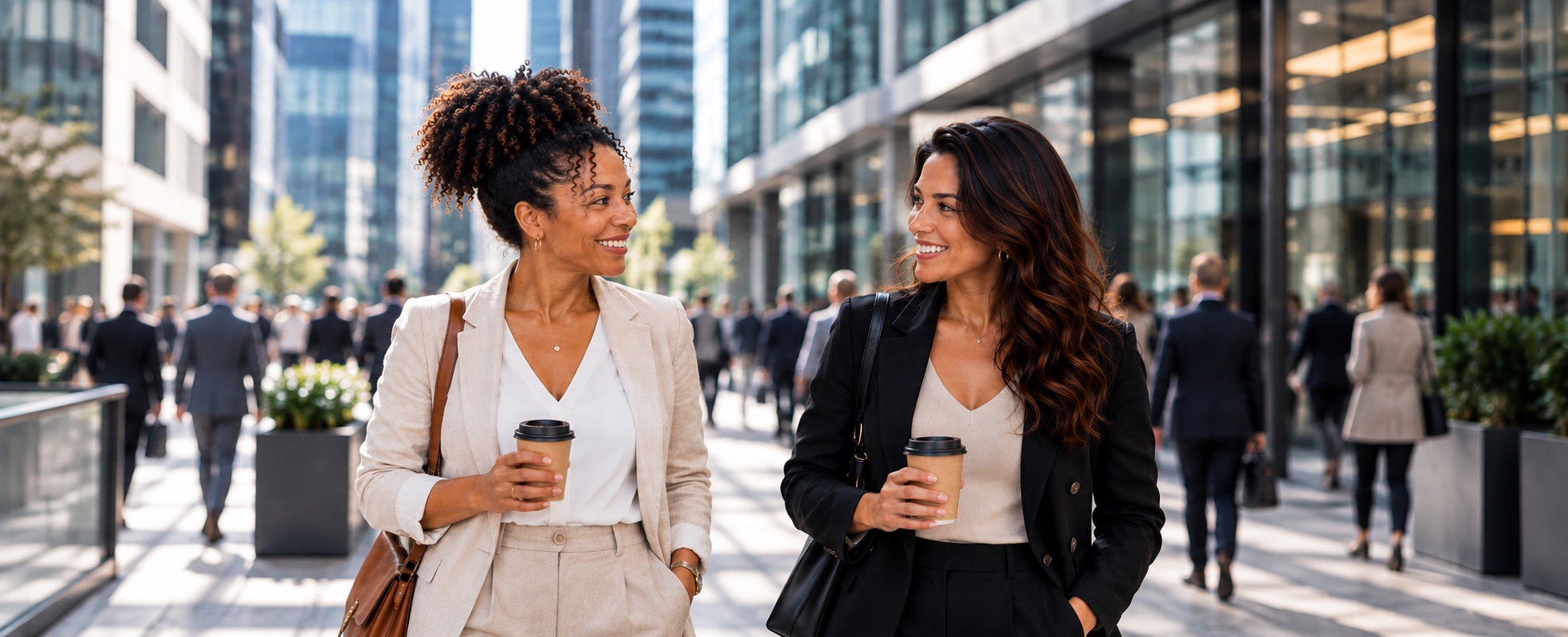 Zara en Maya in gesprek tijdens een wandeling met koffie